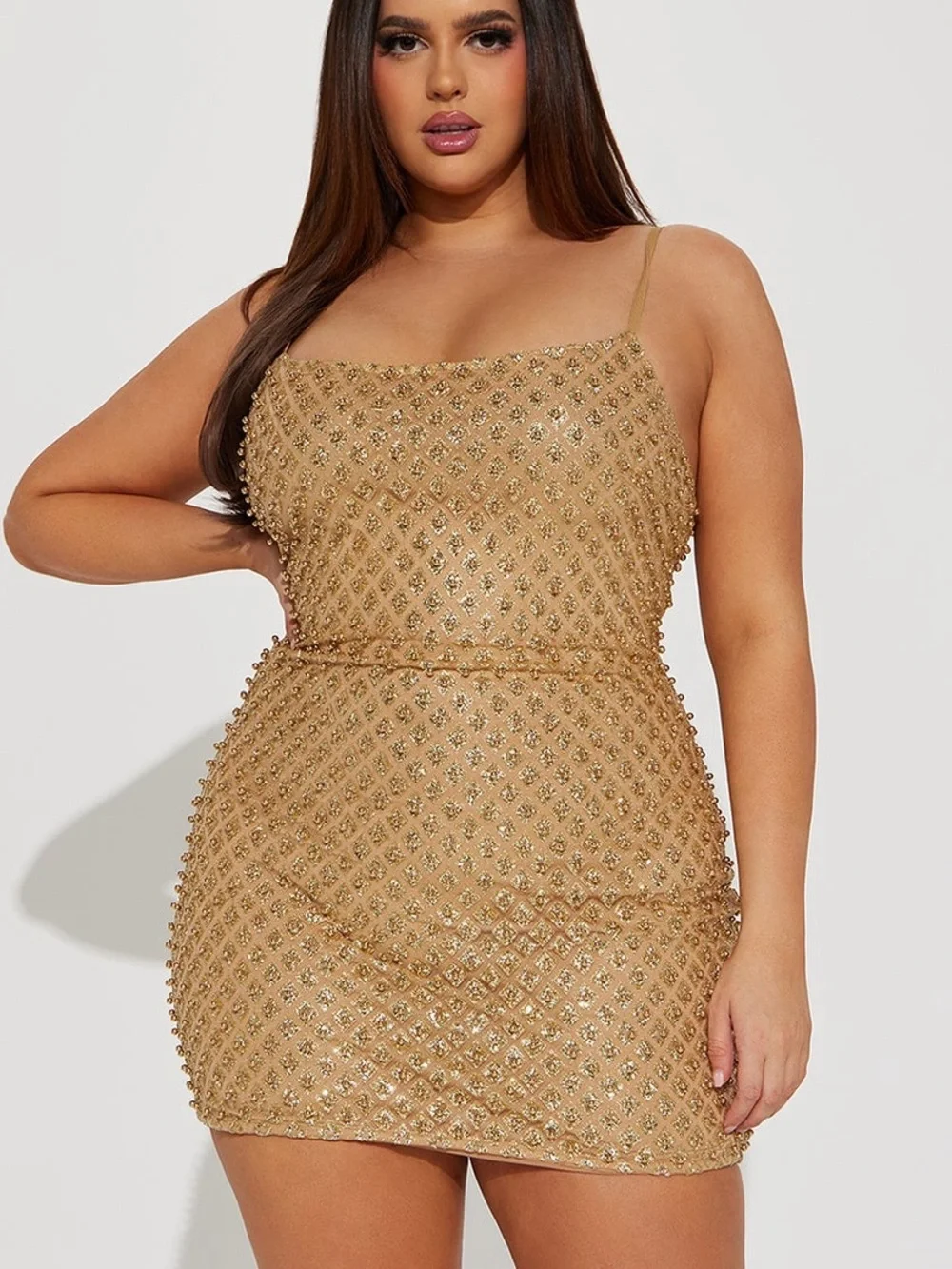 Fashion Nova Gold Studded Mini Dress - Sparkling Champagne Tone